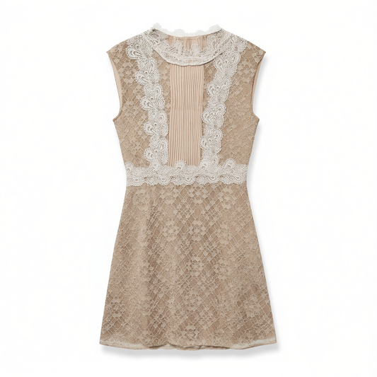 [896]M Botanical Soft Mist Pink / Lime Green 100% Ramie Lace Trim French-style Floral Bloom Dress