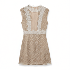 [896]M Botanical Soft Mist Pink / Lime Green 100% Ramie Lace Trim French-style Floral Bloom Dress
