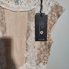 [896]M Botanical Soft Mist Pink / Lime Green 100% Ramie Lace Trim French-style Floral Bloom Dress
