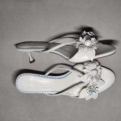 [299]GM   White Wedding Floral Suede Stiletto Sandals with Wine-Glass Heel