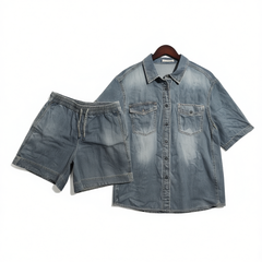 [901]G     Meiyang Mei Yang Pancake Set Soft Denim! VTG Retro Streetwear Short-Sleeve Top and Shorts Two-Pack - Tuesday