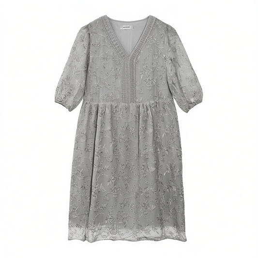 [441]G    Luxurious Silk Dress for Women, Spring/Summer New Arrival, Elegant Design with Unique Style, Mulberry Silk Embroidery V-neck Midi Dress