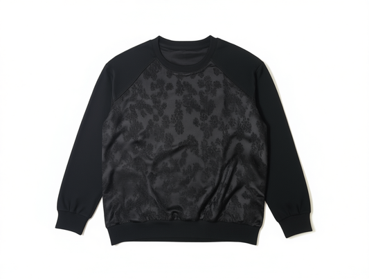 [616]MM XWI Xinwei Women's Spring 2025 Crew Neck Long Sleeve Loose Relaxed Style Satin Jacquard Patchwork Textured Sweatshirt