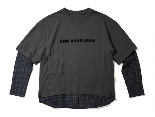 [298]GN Nanyou Quality ANN Original Letter Print Shirt Sleeve Patchwork Distressed Color Clash Brushed Loose Fake Two-Piece Long Sleeve T-Shirt for Women