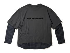 [298]GN Nanyou Quality ANN Original Letter Print Shirt Sleeve Patchwork Distressed Color Clash Brushed Loose Fake Two-Piece Long Sleeve T-Shirt for Women