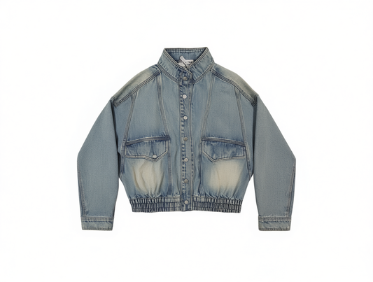 [952]GG   Shuen 2025 Spring Women's Designer Loose Fit Elastic Hem Stone-Washed Blue Denim Jacket