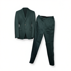 [860]G   Casual Men's Suit - High-End British Style Dark Green Striped Handsome Three-Piece Suit Set
