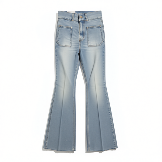 [713]GM   Korean imported wide-hip jeans from Xinzhuo: simple, slim-fit, vintage wash, figure-flaring flared pants with hip pads