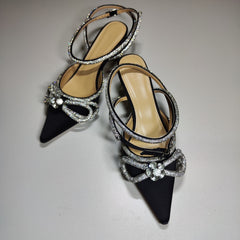 [600]M High Version 25 New Mach Mach Pointed Toe Bow Rhinestone High Heel Closed Toe Silk Glitter Sexy Sandals