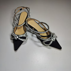 [600]M High Version 25 New Mach Mach Pointed Toe Bow Rhinestone High Heel Closed Toe Silk Glitter Sexy Sandals