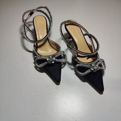 [600]M High Version 25 New Mach Mach Pointed Toe Bow Rhinestone High Heel Closed Toe Silk Glitter Sexy Sandals