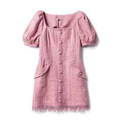 [396]G   AEL Original Custom Vintage French Puffed Sleeve Square Neck Dress Women's Wool 2025 Spring New Arrival Short Dress
