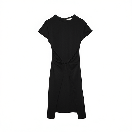 [098]NM  Twist Knot Dress, Triacetate Draped Round Neck Short Sleeve