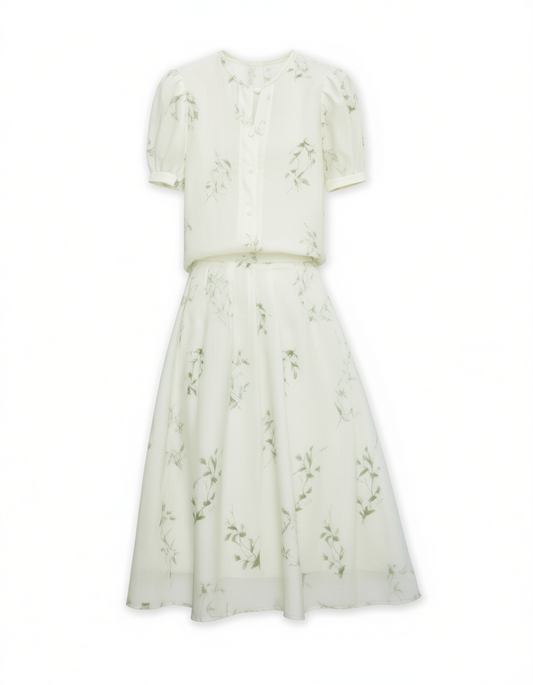 [434]GN  XWI/Xinwei New Chinese Style National Pattern Printed Women's Summer Elegant Textured Top and Skirt Two-Piece Set