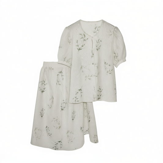 [434]G  XWI/Xinwei New Chinese Style National Pattern Printed Women's Summer Elegant Textured Top and Skirt Two-Piece Set