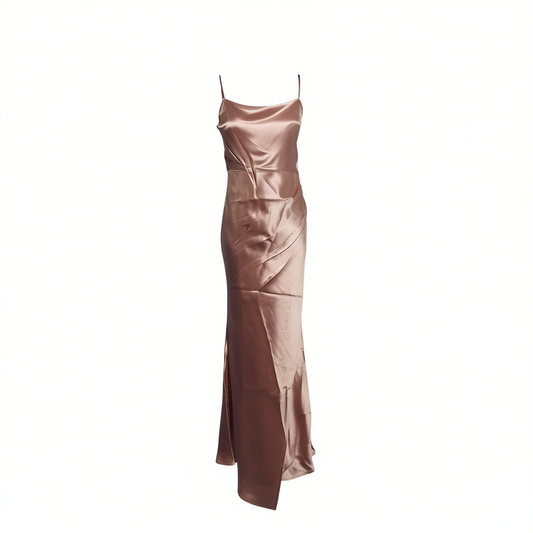 [203]GM   Acetate Satin Slip Dress, Boat Neck Long Dress, Gentle Style, High-End Feel, Triacetate Satin Dress
