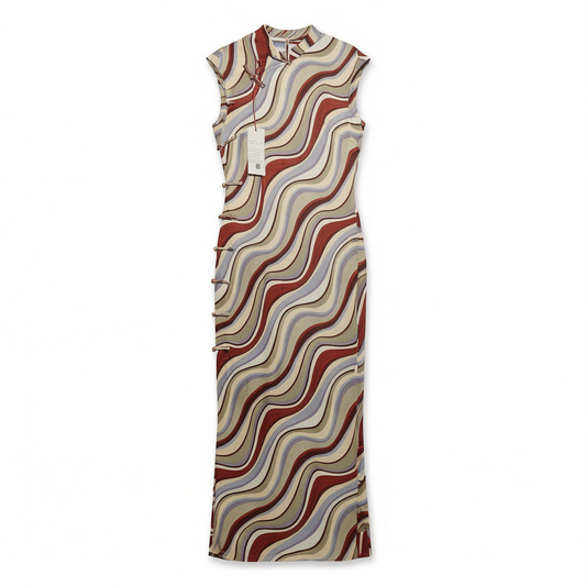 [558]G   Fourth Miss Traditional Chinese Style Striped Qipao with Full Front Opening, Long-Length 2025 Summer New Arrival Retro Republic Era Everyday Wear