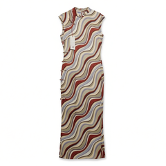 [558]G   Fourth Miss Traditional Chinese Style Striped Qipao with Full Front Opening, Long-Length 2025 Summer New Arrival Retro Republic Era Everyday Wear