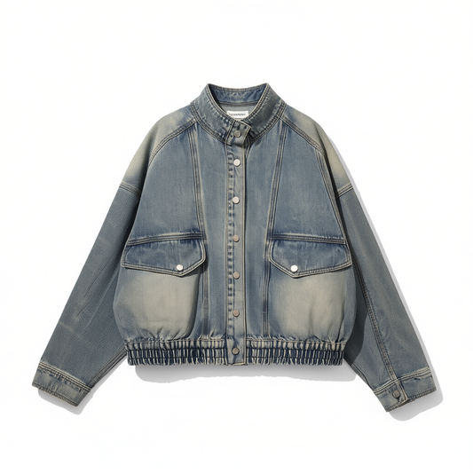 [952]N  Shuen 2025 Spring Women's Designer Loose Fit Elastic Hem Stone-Washed Blue Denim Jacket