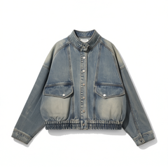 [952]N  Shuen 2025 Spring Women's Designer Loose Fit Elastic Hem Stone-Washed Blue Denim Jacket