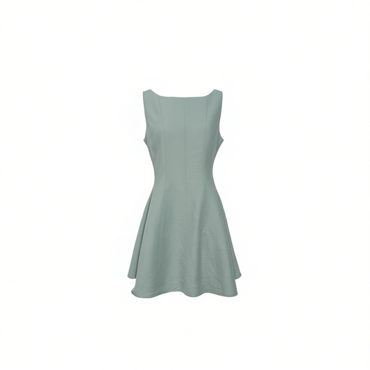 [835]GG   Sleeveless Halter Neck Tencel Dress with Boat Neck, Blue