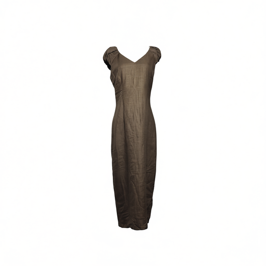 [091]GG     V-Neck Off-the-Shoulder Pleated Cinched-Waist Midi Dress