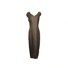 [091]GG     V-Neck Off-the-Shoulder Pleated Cinched-Waist Midi Dress