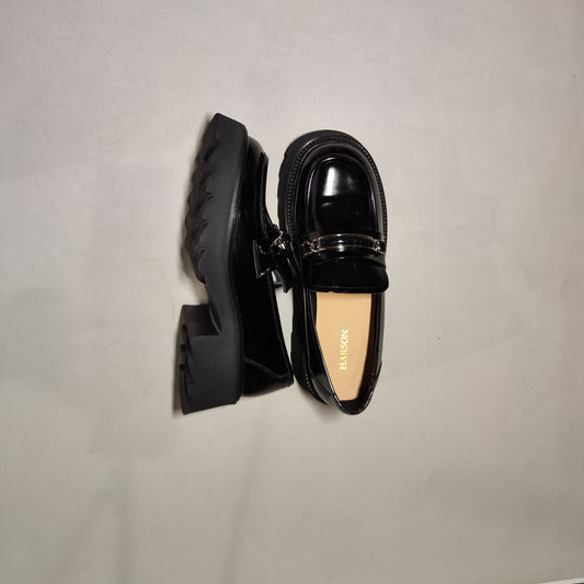 [137]GG       Black Thick Sole Women's Casual Slip-On Lazy Shoes Versatile Deep Toe Box Leather Shoes
