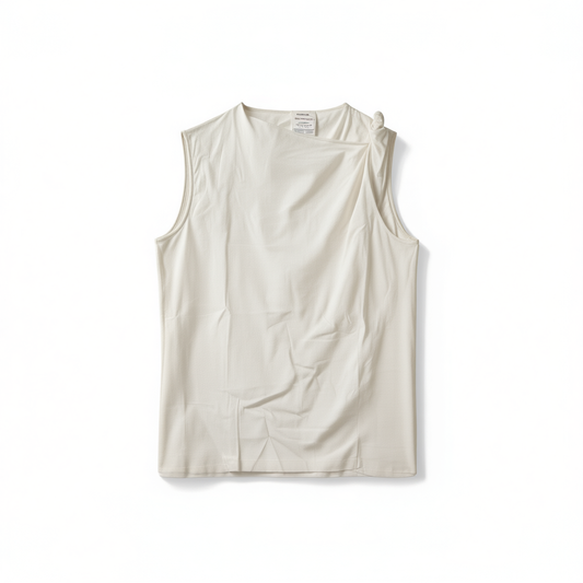 [086]NM  Japanese Skin-Friendly Dry-Feel Textured Pure Cotton Asymmetric One-Shoulder Twist Ruched Sleeveless Top