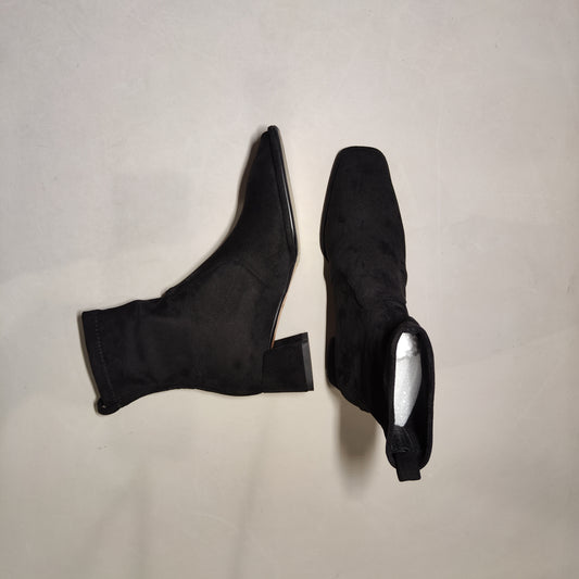 [457]GG    Elastic Slim-Fit Boots Square Toe High Heel Martin Boots Women Medium Thick Heel Short Boots