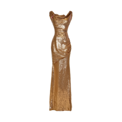[066]GG     Gilded Banquet Royal Retro Draped Neckline Open Back Off-Shoulder Gold Maxi Evening Gown