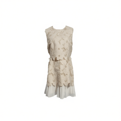 [924]MM  Beige French Chic Round Neck Lace Cutout Spliced Ruffle Sleeveless Little Tweed Dress 2025 New Summer Style