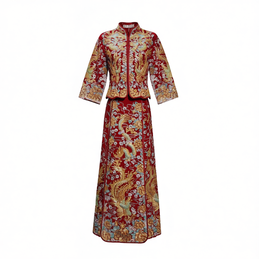 [889]GG    New Arrival Bride's Xiuhe Dress, Elegant Chinese Wedding Gown with Dragon and Phoenix Embroidery, Toasting Dress Suitable for Petite Brides