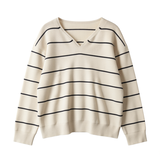 [093]N  relez Women's Spring New Collection Color-Blocked Stripes Casual V-Neck Knit Top - High-End Stylish and Versatile Top