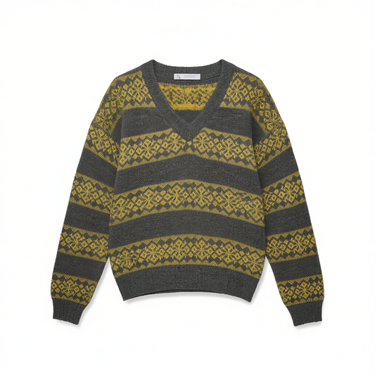 [605]G   Relez High-quality Wool Blend Knit V-neck Retro Jacquard Women's Winter New Arrival Top