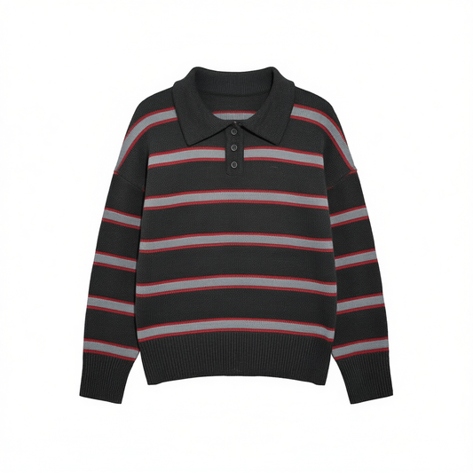 [861]M Relez Contrast Color Striped Polo Collar Knit Sweater Women's New Autumn and Winter Collection Relaxed Fit Loose Casual Top