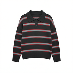 [861]M Relez Contrast Color Striped Polo Collar Knit Sweater Women's New Autumn and Winter Collection Relaxed Fit Loose Casual Top