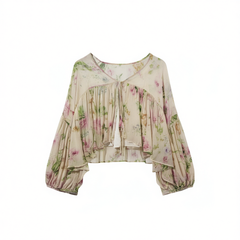 [096]GM   Spring/Summer New French Light Luxury Print Shirt for Women - Elegant, Age-Defying, Stylish Flare Sleeve Mulberry Silk Top