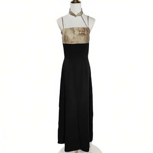 [271]GM   New Chinese-style Waist-Cinching Printed Halter Dress  Sleeveless with Frog Buttons Casual Long Dress for Women