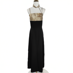 [271]GM   New Chinese-style Waist-Cinching Printed Halter Dress  Sleeveless with Frog Buttons Casual Long Dress for Women