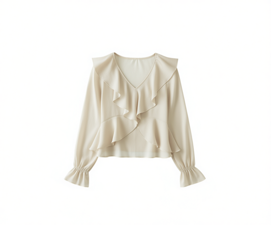 [689]NN Moriirose Nude Pink V-Neck Ruffled Long Sleeve Vintage Designer Top for Women Spring