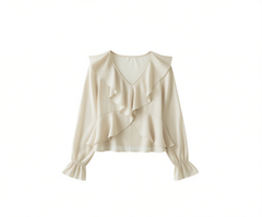 [689]NN Moriirose Nude Pink V-Neck Ruffled Long Sleeve Vintage Designer Top for Women Spring
