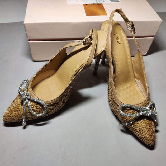 [740]GM    French Pointed-Toe Woven Sandals for Women Summer Bowknot Dress-Style High Heels