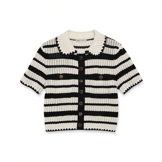 [584] ORG Tencel Knitwear Ultra-Soft Chanel-Style Polo Neck Hollow-Out Black and White Striped Short-Sleeve Knit Top 2025 Summer