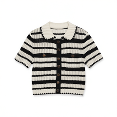 [584] ORG Tencel Knitwear Ultra-Soft Chanel-Style Polo Neck Hollow-Out Black and White Striped Short-Sleeve Knit Top 2025 Summer