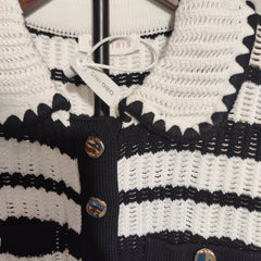 [584] ORG Tencel Knitwear Ultra-Soft Chanel-Style Polo Neck Hollow-Out Black and White Striped Short-Sleeve Knit Top 2025 Summer