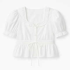 [277]MS Ayserkis ¡ô Vietnamese Design French Sweet Girly Pure Lust Puff Sleeve Bow Drawstring Top