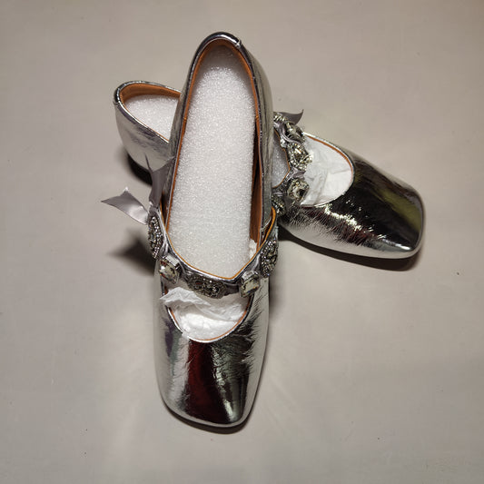 [465]GM  Women's Genuine Leather Hidden Wedge French-Style Shallow Opening Single Shoes with Rhinestone Strap,  Stunning Small Heels
