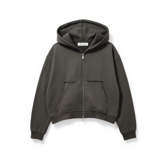 [457]GM    Deconstructed Distressed Double-Layer Patch Pocket Cropped Zip-Up Washed Hoodie