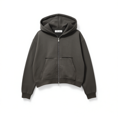 [457]G    IN EXISTENCE SS25 Deconstructed Distressed Double-Layer Patch Pocket Cropped Zip-Up Washed Hoodie